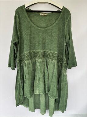Indigo Thread Co Green Mineral Wash Boho Crochet Waist High Low Tunic Top XL